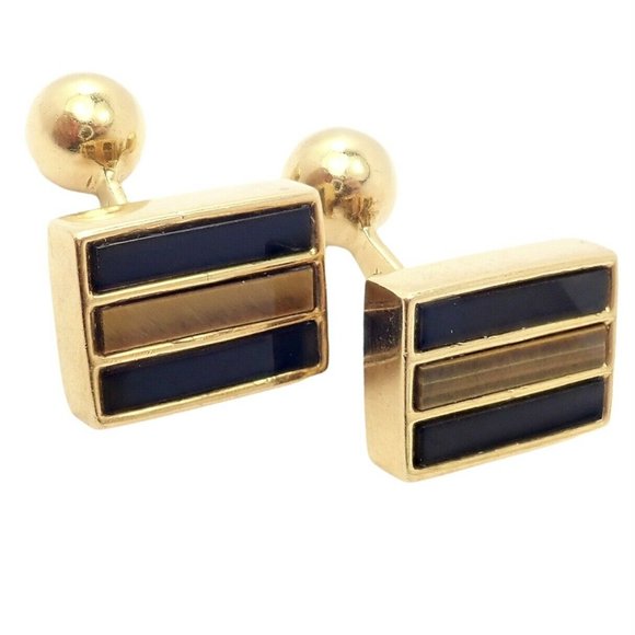 Rare Vintage Tiffany & Co. 18k Yellow Gold Classic Onyx Tiger Eye Cufflinks - Picture 11 of 12